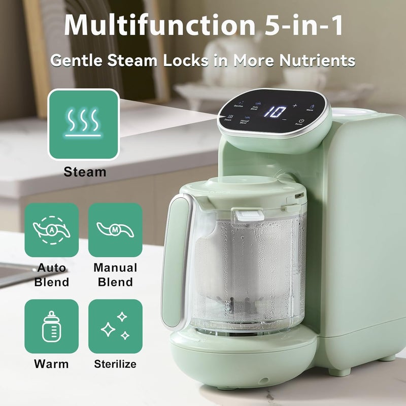 chefhandy Baby Food Maker with Stainless Steel Steam Basket, One Step 5-in-1 Baby Food Processor Steamer Blender & Steam Cleaning, Auto Cooking, Puree & Baby Warmer with 6 Food Pouches, BPA-Free,Green - Image 2